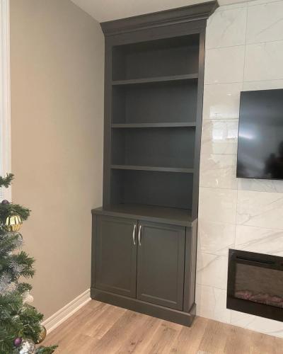 After - Fireplace with custom wall cabinetry and shelves (left)